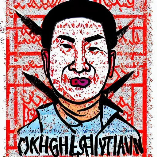 Image similar to uyghur Uighur in a prison behind bars, organ harvesting, in the style of daniel johnston and outsider art, 4k, line brush, overlaid with chinese adverts