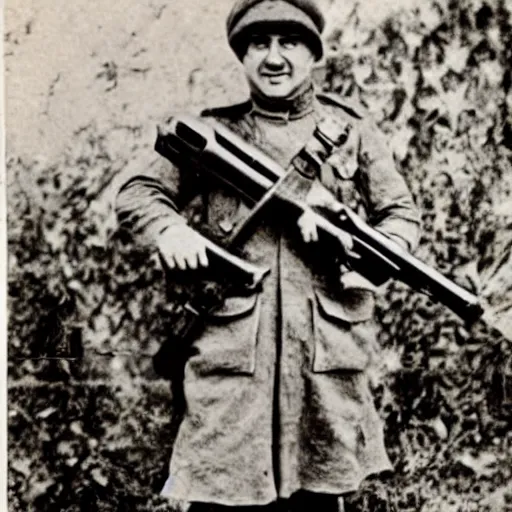 Prompt: old wartime photograph of a despicable me minion holding a lewis gun, 1 9 1 7