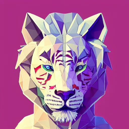 Image similar to aesthetic albino liger fursona portrait, commission of a anthropomorphic lion on fire, fursona wearing vaporwave stylish clothes, winter armosphere, pastel simple art, low poly