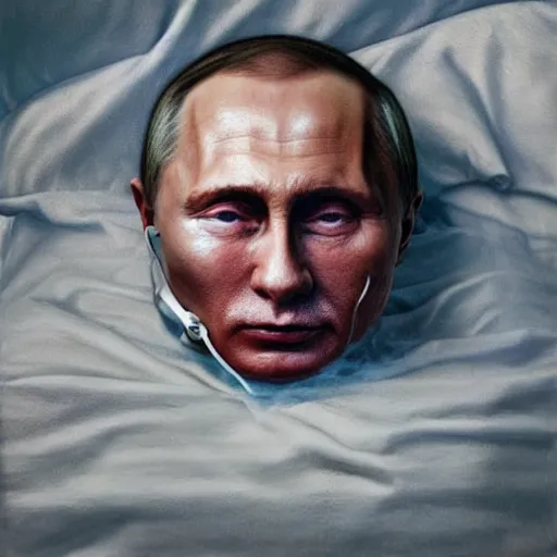 Image similar to hyperrealistic painting of very ill Vladimir Putin wearing an oxygen mask on a death bed inhaling white clubs of smoke from Copium tank that emits smoke, dimly lit hospital room, stunning 3d render inspired art by Tim Okamura and Lise Deharme + perfect facial symmetry + dim volumetric lighting, 8k octane beautifully detailed render, post-processing, extremely hyperdetailed, intricate, epic composition, grim yet sparkling atmosphere, cinematic lighting + masterpiece, trending on artstation, very very detailed, masterpiece, stunning