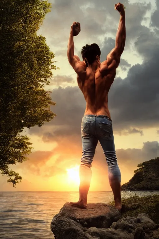 Image similar to a very muscular and defined man wearing ripped pants and shirt looking to the sea at sunset, godrays, complementary colors, natural lighting, portait image, path tracing, serene landscape, high quality, highly detailed, 8K, soft colors, warm colors, turbulent sea, high coherence, anatomically correct, hyperrealistic, concept art, defined face, five fingers, looking to the camera