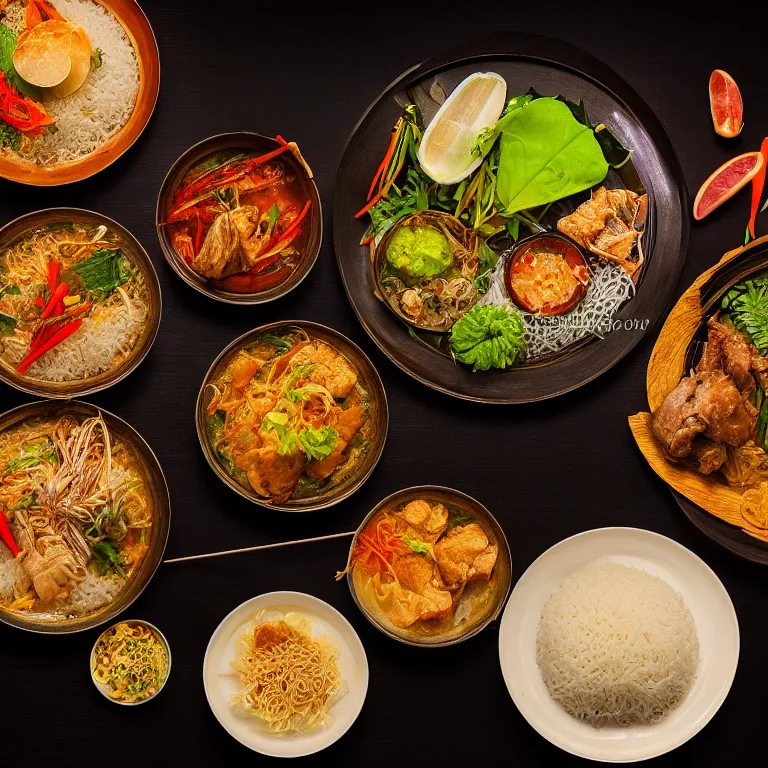 Prompt: close - up focused dslr photograph of a cambodian dinner, 8 k, high detail, volumetric lighting, hyperrealism, aesthetically pleasing, studio lighting, trending