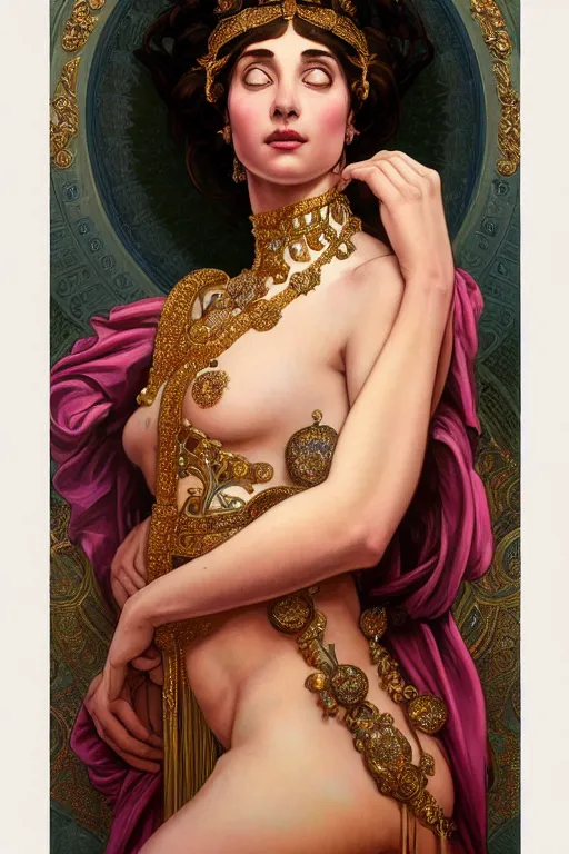 Image similar to body portrait of beautiful roman pincess wearing a flowing silk robe, wearing an ornate ancient headress, by terry o'neill intricate, elegant, highly detailed, digital painting, artstation, concept art, smooth, sharp focus, bold lighting, deep colors, dark background, illustration, art by artgerm and greg rutkowski and alphonse mucha, 8 k