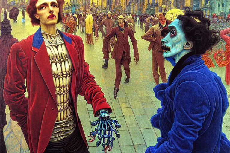 Image similar to realistic detailed closeup portrait painting of a single skeleton wearing crimson velvet blazer in a crowded futuristic moscow street by Jean Delville, Amano, Yves Tanguy, Alphonse Mucha, Ernst Haeckel, Ilya Repin, Edward Robert Hughes, Andrei Tarkovsky, Roger Dean, rich moody colours, blue eyes