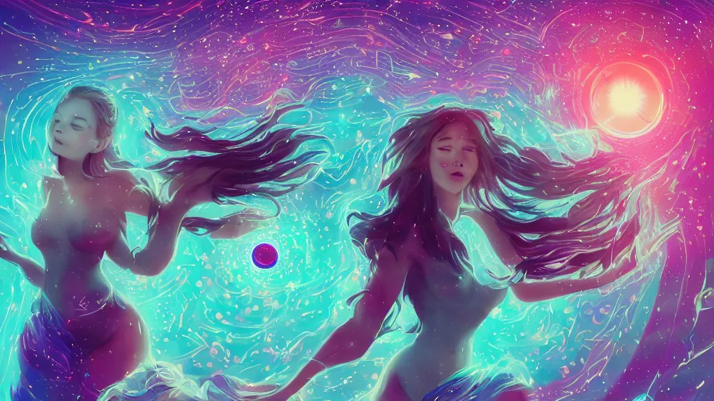 Image similar to one beautiful whimsical goddess standing in a lake basking in the moonlight, casting a spell, underneath a multi-colored binary blackhole with an accretion disc, glowing trails following her arms, acidwave, by Lois van Baarle, by Greg Rutkowski, by artgerm, by beeple, by studio ghibli, cinematic angle, volumetric lighting, 4k resolution, octane render, trending on artstation, masterpiece