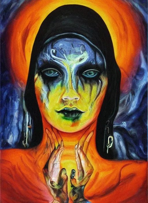 Image similar to enlightened magic cult psychic woman, painted face, third eye, energetic consciousness psychedelic, epic surrealism expressionism symbolism, story telling, iconic, dark robed, oil painting, symmetrical face, dark myth mythos, joan mitchell monochromatic masterpiece