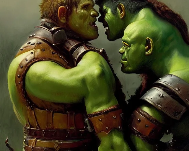 Prompt: romantic fantasy oil painting portrait of two male orc warriors kissing, wearing leather armor, their skin is green. fantasy art by greg rutkowski and john singer sargent
