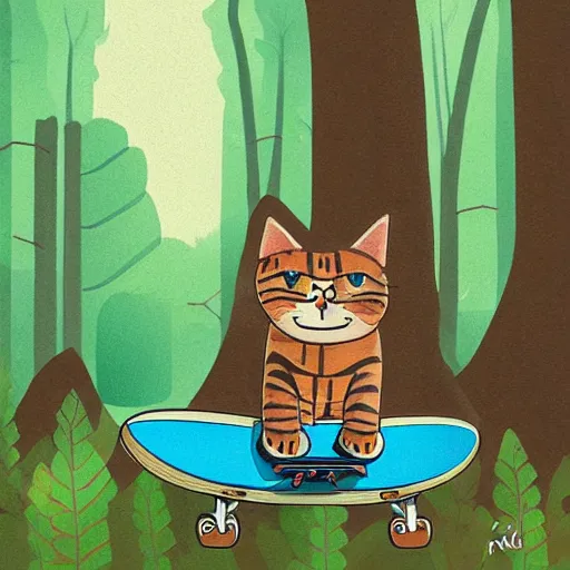 Image similar to a cat riding a skateboard in a forest, digital art