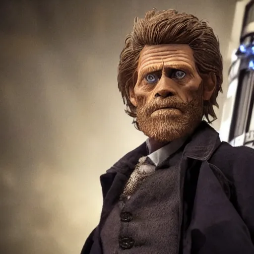 Image similar to willem dafoe as a rough dirty old man with a scruffy beard in a dark blue trenchcoat as the new doctor who, cinematic, volumetric lighting, f 8 aperture, cinematic eastman 5 3 8 4 film, photorealistic