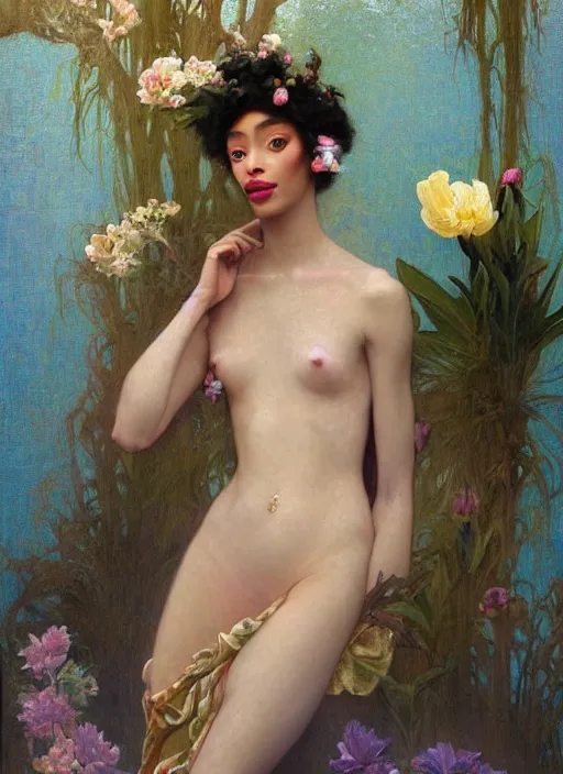 Image similar to a realistic oil painting of a beautiful young woman resembling winnie harlow, flowing robes, silk dress, peonies, crystal encrustations, underwater, fantasy art, by mucha, by bouguereau, intricate, colorful