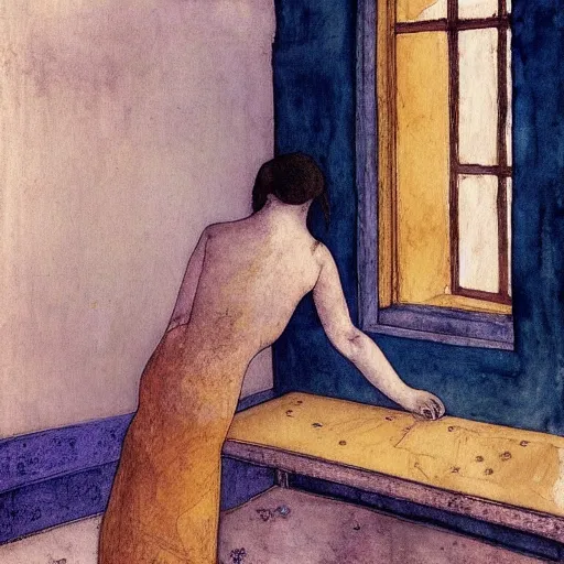 Prompt: close up of a girl in a blue and gold haunted liminal abandoned room, watercolor by schiele, by hammershøi, art noveau, highly detailed, lights by edward hopper, liminal, eerie, bright pastel colors