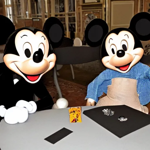 Prompt: Johan Sebastian Bach and Mickey Mouse sitting at a table together,