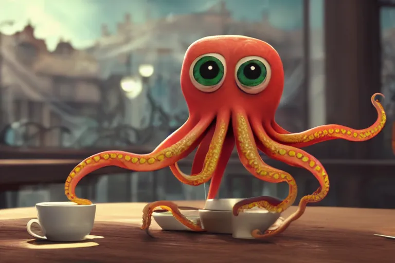 Prompt: Angry little octopus threatening with a fist from a cup of coffee in beautiful morning café in Paris. Pixar Disney 4K 3d render funny animation movie Oscar winning trending on ArtStation and Behance. Oscar Award winner