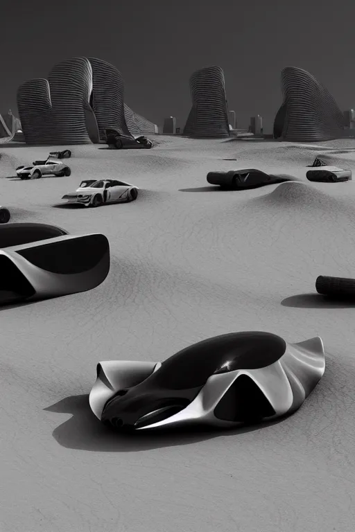 Image similar to zaha hadid buildings in the middle of a mad max desert scene with futuristic car, trending on artstation, cinematic matte painting, dark moody monochrome colors, featured on behance