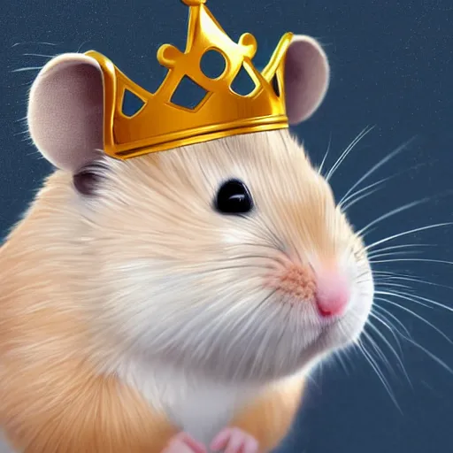 Prompt: Digital painting of a king hamster with a crown and a coat, highly-detailed, artstation cgsociety masterpiece