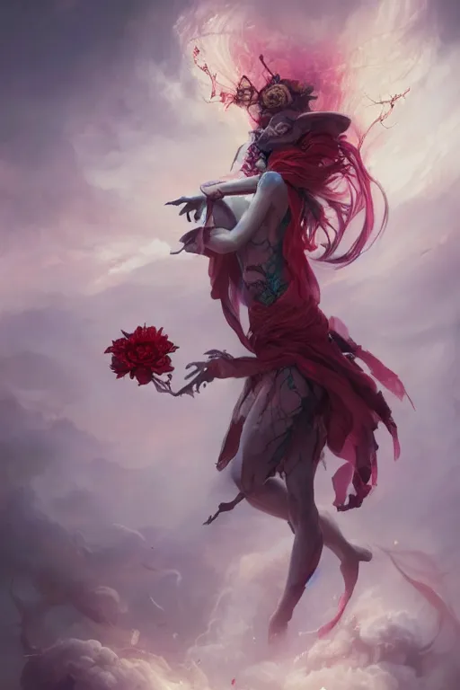 Image similar to beautiful girl necromancer covered with blood heaven clouds and storm, 3 d render, hyper realistic detailed portrait, holding magic flowers, scifi, fantasy, hyper detailed, octane render, concept art, peter mohrbacher, artgerm, ruan jia, wlop