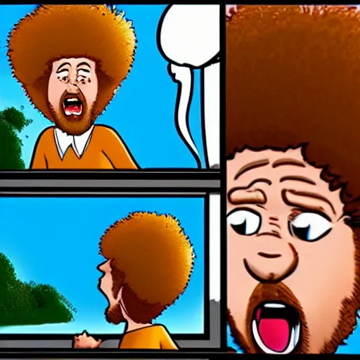 Image similar to angry bob ross screaming at laptop comic strip