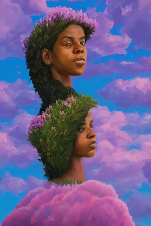 Image similar to portrait, giant lilac flower as head, black woman in heather field, surreal photography, golden hour, colorful clouds, impressionist painting, digital painting, artstation, simon stalenhag