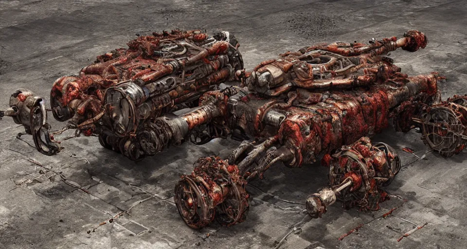 Image similar to Techno-biological rusty tank consisting of tumors, meat, veins, bones, guts, kidneys, wires. Double cannon. Biopunk, body-horror, high detail, photorealism, full length view, very rust, concept art, octane render, 16k, 8k