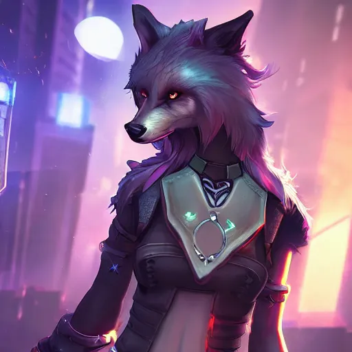 Prompt: anthropomorphic female wolf fursona wearing a tech harness in a cyberpunk city, photo realistic, league of legends art style, ambient lighting