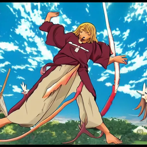 Image similar to Jesus as anime character fighting a giant enemy crab