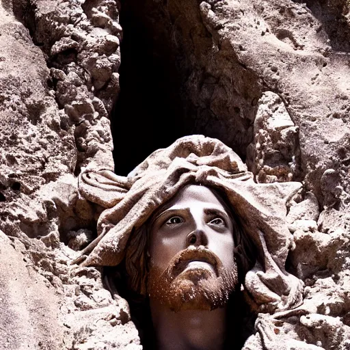 Image similar to Jesus Christ’s head sticking out from a tomb in a cliff side, cinematic perspective, movie shot, 8k, full hd