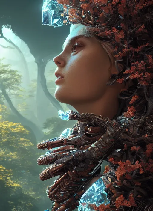 Prompt: stunning biomechanical incredible hair, masterpiece crystalline incrustations, hyperdetailed face, elegant pose, movie still, intricate, octane render, cinematic forest lighting, cgsociety, unreal engine, crepuscular rays, god rays