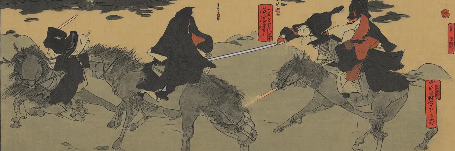 Image similar to Jedi riding on horseback with a lightsaber, rice paddy, ukiyo-e painting