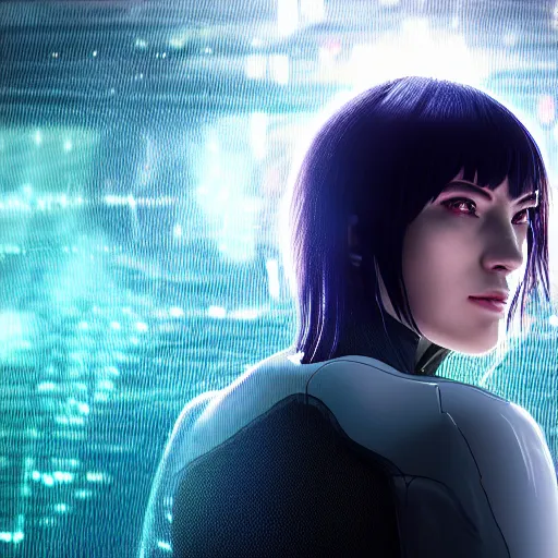 Prompt: a ghost in the shell inspired portrait of a woman 4k photorealistic, volumetric lighting, HD, high details, dramatic, trending on artstation, bokeh lights