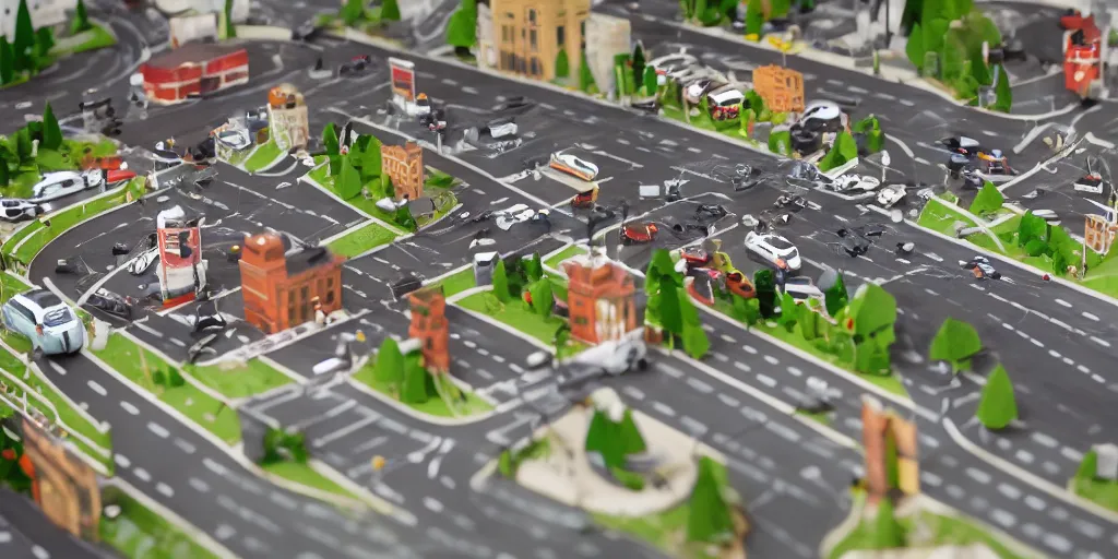 Image similar to paper craft diorama of a city with people and cars