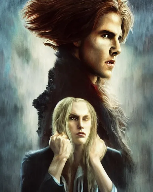 Prompt: alternate cover art for the movie interview with a vampire starring a long haired blonde tom cruise as lestat de lioncourt, face centered portrait, confident, unused design, nightmare world, fog, rain, volumetric lighting, realistic illustration, perfectly shaded, soft painting, art by krenz cushart and wenjun lin