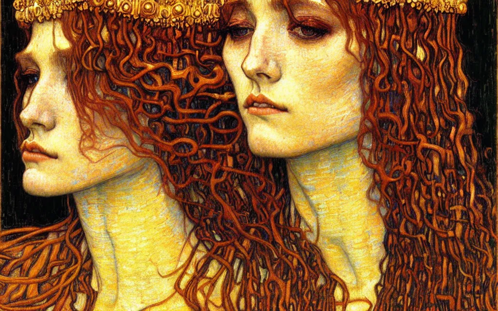 Image similar to detailed realistic beautiful young medieval queen face portrait by jean delville, gustav klimt and vincent van gogh, art nouveau, symbolist, visionary, gothic, pre - raphaelite, muted earthy colors, desaturated