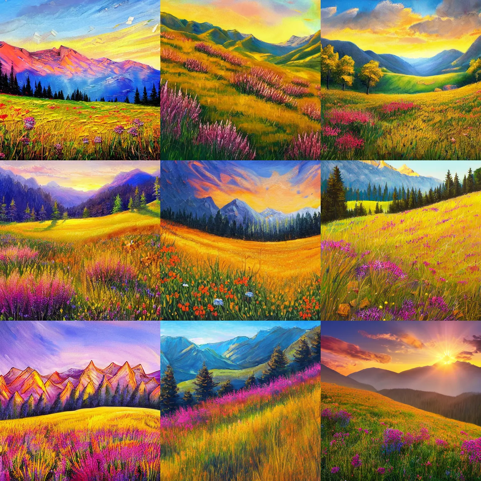 Prompt: beautiful mountainous meadow, meadow full of flowers, beautiful, golden hour, award-winning painting