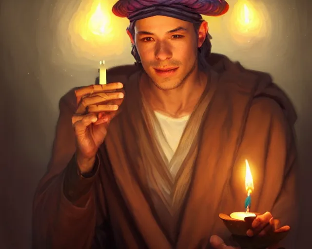 Image similar to a mind - blowing portrait of a fortune seeker male, holding a candle, wearing a sleeping cap, joyful, d & d, fantasy, intricate, elegant, highly detailed, digital painting, artstation, concept art, matte, sharp, illustration, hearthstone, art by artgerm and greg rutkowski and alphonse mucha