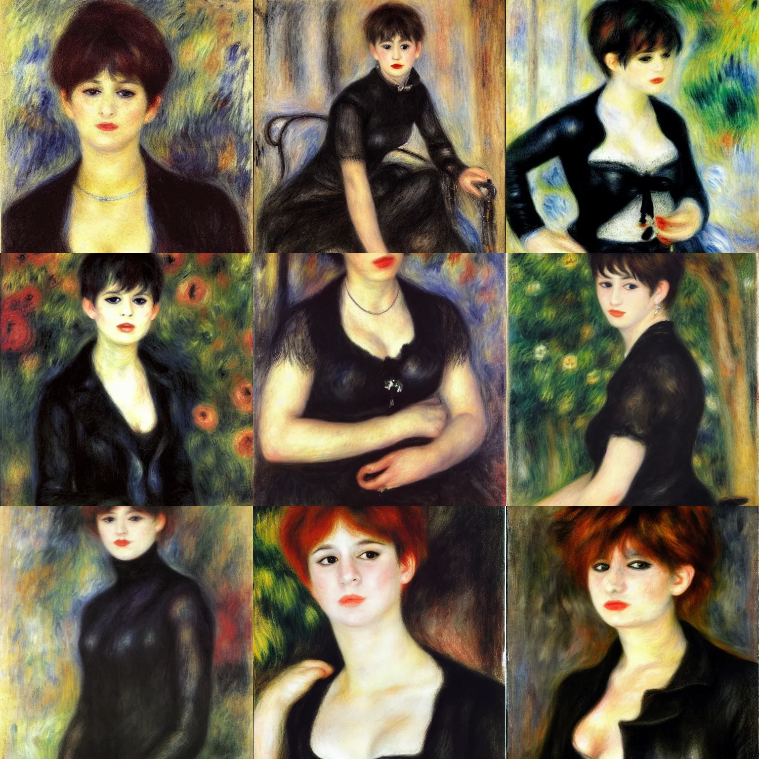 Prompt: an emo by pierre - auguste renoir. her hair is dark brown and cut into a short, messy pixie cut. she has large entirely - black evil eyes. she is wearing a black tank top, a black leather jacket, a black knee - length skirt, a black choker, and black leather boots.