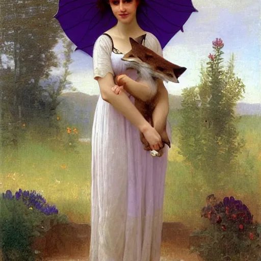 Prompt: An anthropomorphic fox maiden in a purple dress, cottagecore, by bouguereau