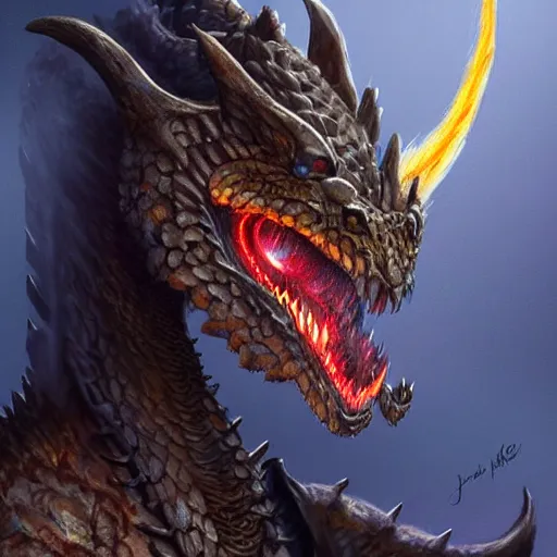 Prompt: digital painting of a dragon, fantasy, realistic textured scales, glowing eyes, sharp focus, artgem, boris valejo, frank frazetta, portrait, heavy metal style, trending on artstation, julie bell, beautiful, very detailed,