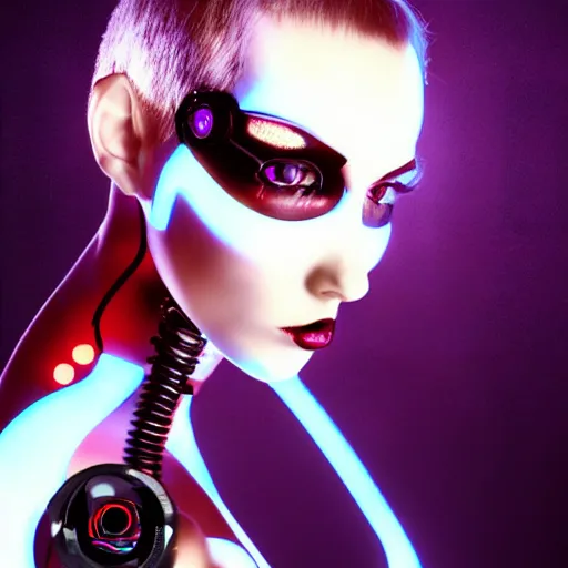 Image similar to an immaculate octane redshift high key lighting headshot rendering of an attractive curvy cybernetic goth woman with embedded LEDs, a cybernetic eye, and an exoskeleton.