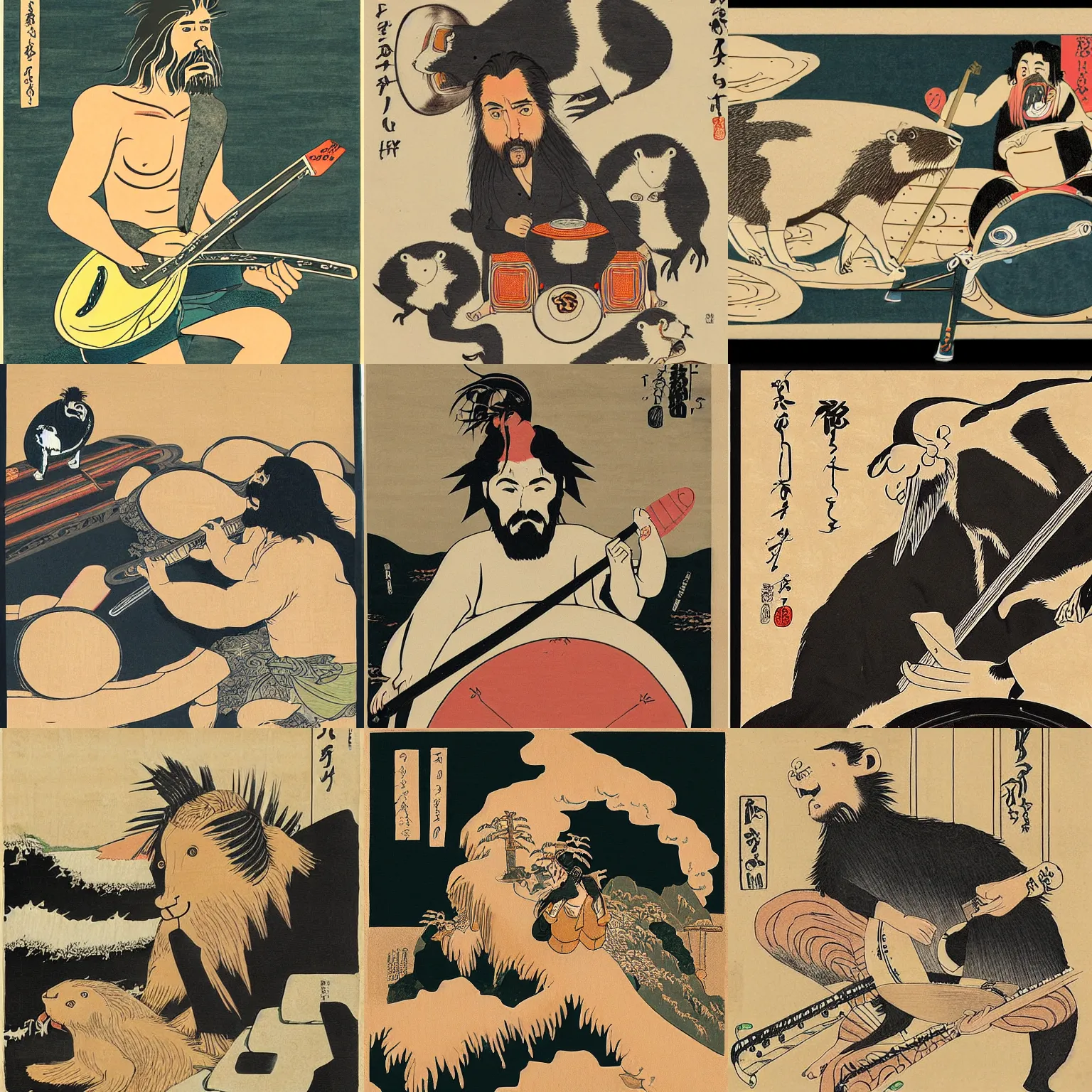 Prompt: dave grohl playing drums for audience made of marmots, style of ancient text, by hokusai
