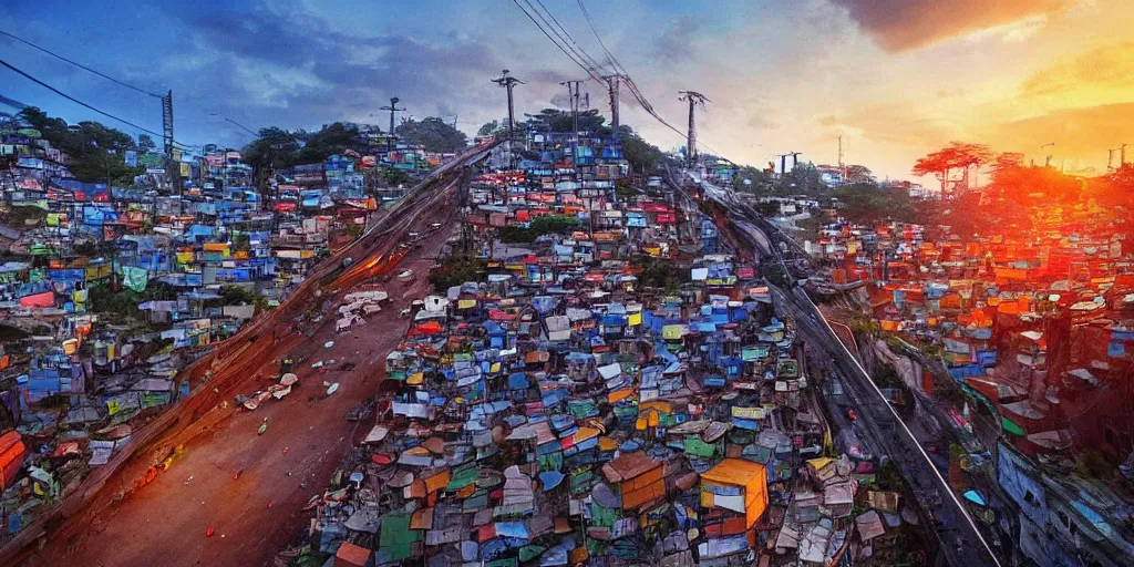 Prompt: African favelas under a huge highway overpass, Feng Zhu style, rich colours, wide angle lens, sunset, heavy atmospheric, Artstation trending,