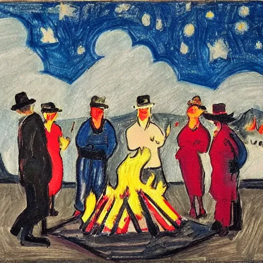 Prompt: hideous by kees van dongen kodachrome. drawing. a group of people gathered around a fire. they are all looking up at the night sky, where a bright star is shining