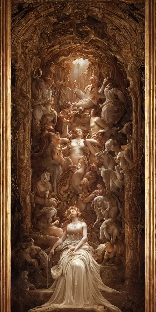 Image similar to a stunning and noble highly detailed romantic period style painting of the place where gods come into being by james jean, josep tapiro baro and harles sillem lidderdale, trending on artstation, oil painting masterpiece, symmetry, rule of thirds, mysterious