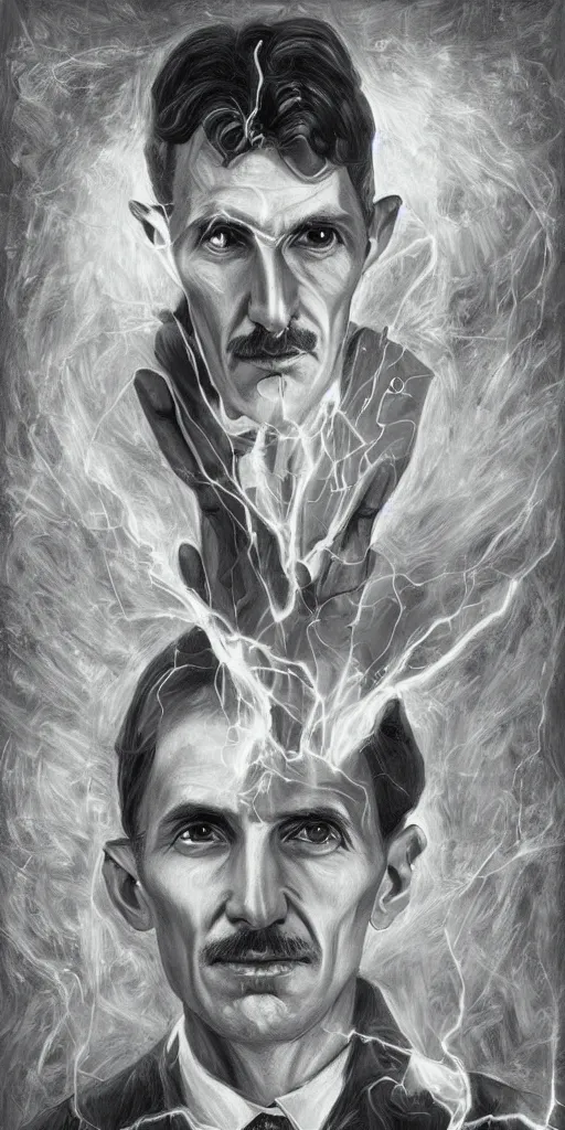 Prompt: nikola tesla holding energy psytrance portrait artwork, by sam spratt