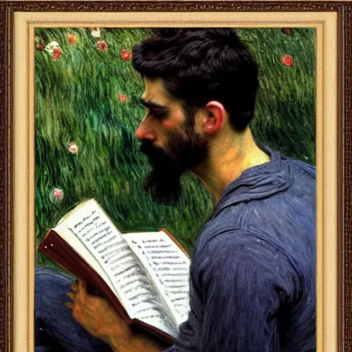 Image similar to attractive man with dark skin reading a book, painting by tom of finland, john william waterhouse, claude monet