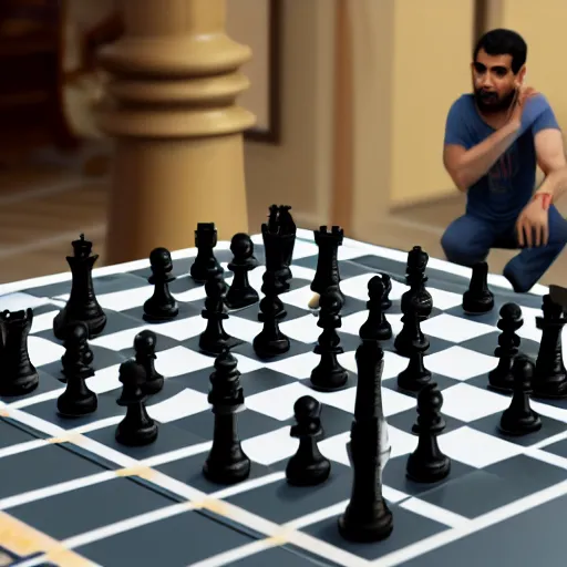 Prompt: Chess Player Vidit Gujrathi in front of a chess board, 3d scene, render, ultra realistic, zenith view, Frank Frazetta, Richard Corben, Moebius, Greg Rutkowski, artstation, cgsociety, level design, unreal engine, 3d scene, render, ultra realistic