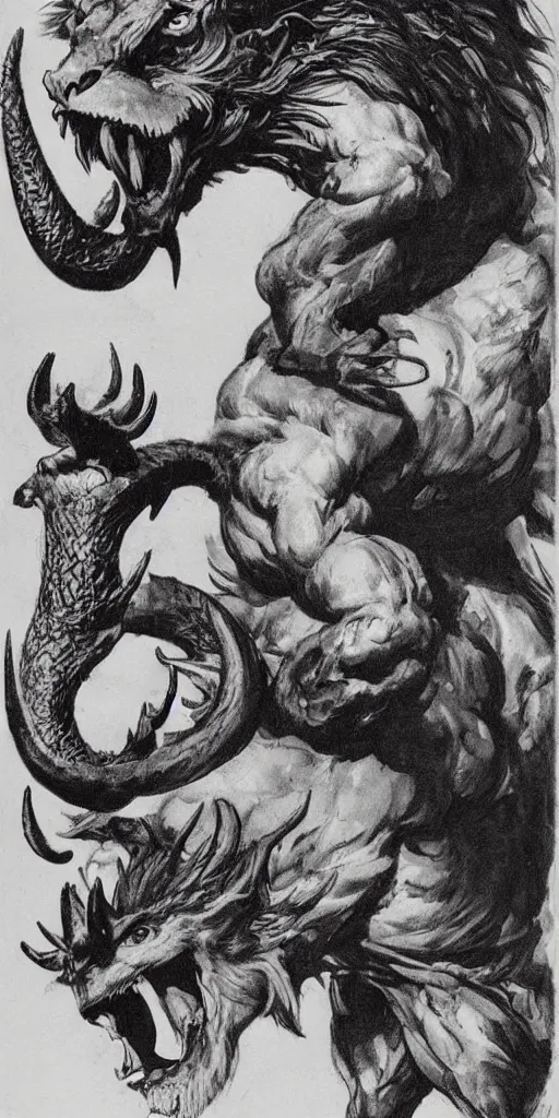 Image similar to a creature with the body and eyes of a man, with the beak of an eagle, the mane of a lion, and the horns of an ox. drawn by frank frazetta