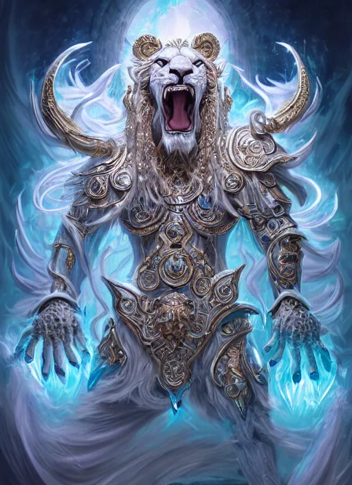 Prompt: anthropomorphized white lion wizard casting magic bright light spell, tzeentch, smiling, casting spell, concept art, insanely detailed and intricate, hypermaximalist, elegant, ornate, hyper realistic, super detailed, art deco, cinematic, trending on artstation, magic the gathering artwork