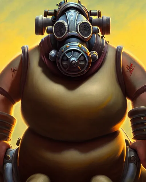 Image similar to roadhog from overwatch, gas mask, character portrait, portrait, close up, highly detailed, intricate detail, amazing detail, sharp focus, vintage fantasy art, vintage sci - fi art, radiant light, caustics, by boris vallejo