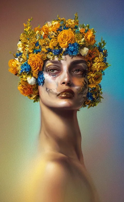 Prompt: a gold oil painting hyperrealism of a beautiful woman on a white background, flowers, dia de los muertos makeup, floral headdress, 8 k resolution, octane render, trending on artstation, by gediminas pranckevicius, volumetric light 2 blue fractal thunder glow by dan mumford, anaglyph effect, laurie lipton