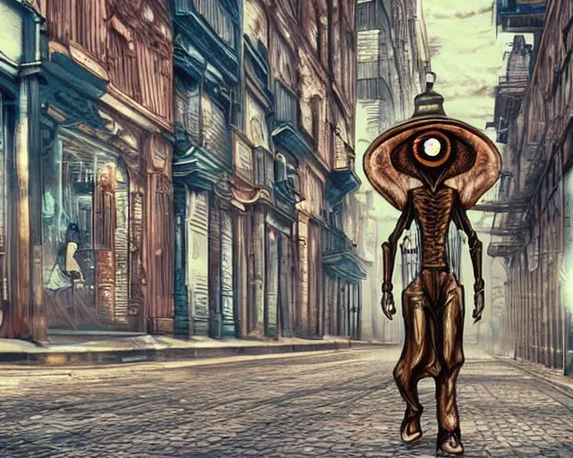 Image similar to digital artwork of humanoid alien walking along a steampunk style city street